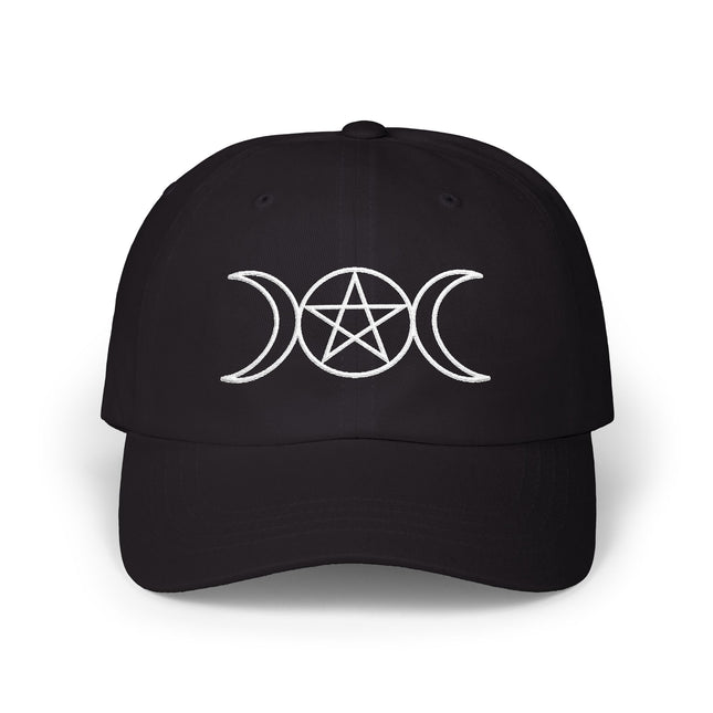 Black baseball cap embroidered with a triple moon and pentagram symbol.
