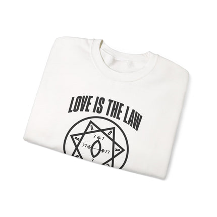 Love Is The Law graphic pullover sweatshirt featuring Thelema and Star of Babalon symbols.