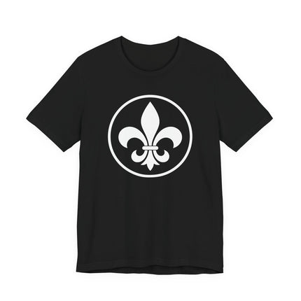 Black t-shirt featuring a white circular Fleur de Lis heraldry symbol.