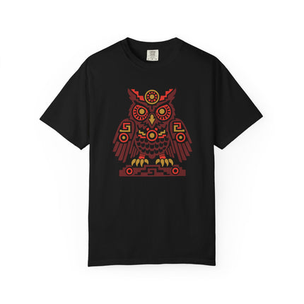 Aztec Owl T-Shirt | Rust Red Geometric Bird with Gold Eye Details Tee