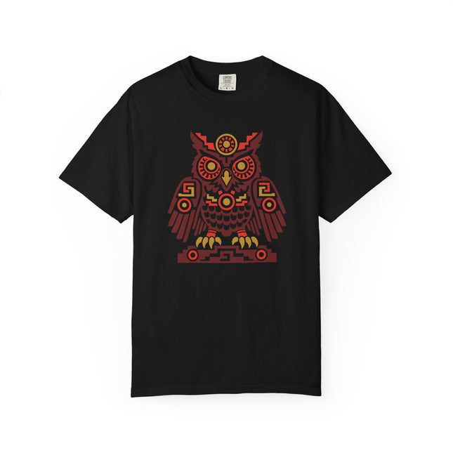 Aztec Owl T-Shirt | Rust Red Geometric Bird with Gold Eye Details Tee