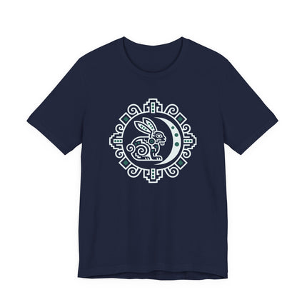 Mayan Rabbit Moon T-Shirt | White Crescent and Geometric Border Tee