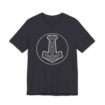 Minimalist Mjolnir knotwork design on a black Norse Viking t-shirt.