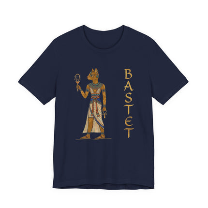 Egyptian goddess Bastet t-shirt featuring the cat deity, ankh, and sistrum symbols.