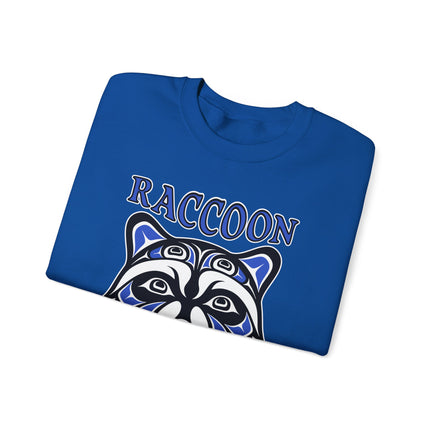 Raccoon spirit tribal artwork printed on an indigenous style pullover sweatshirt.
