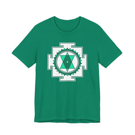 Green t-shirt featuring the Tripura Sundari Yantra sacred geometry symbol.