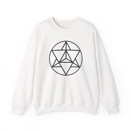 Minimalist sacred geometry Merkaba symbol line art graphic on a white unisex sweatshirt.