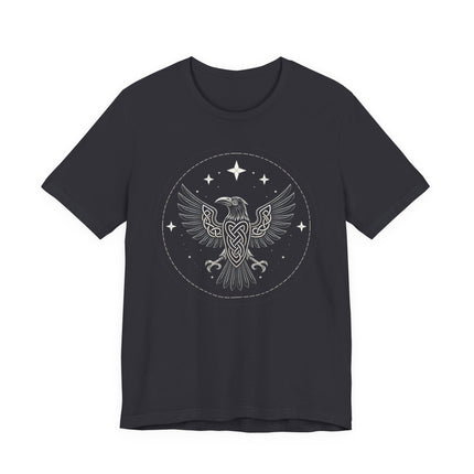 Norse knotwork raven graphic t-shirt featuring a stylized viking bird design.