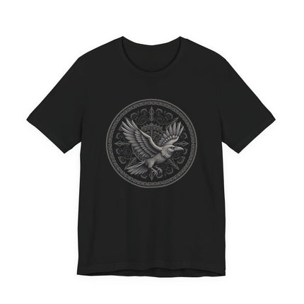 Norse raven graphic tee featuring Celtic knotwork and Viking mythology design.