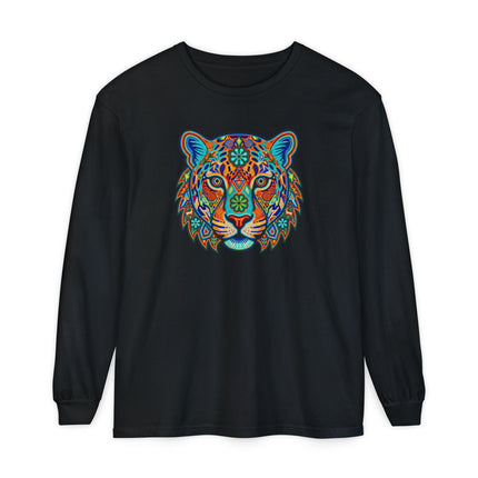 Huichol Jaguar Long Sleeve T-Shirt | Patterned Cat Portrait Tee