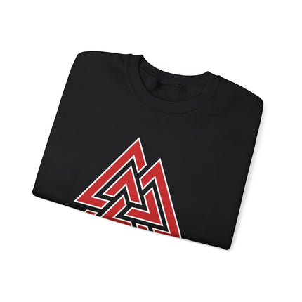 Red Valknut Norse symbol printed on a unisex Viking sweatshirt pullover.