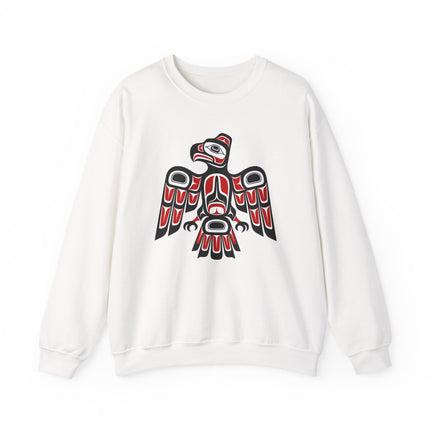 White sweatshirt featuring a stylized raven graphic in Pacific Northwest formline art style.