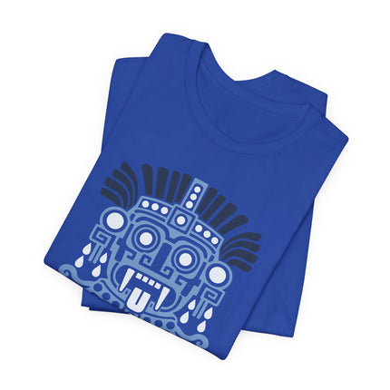 Aztec Tlaloc T-Shirt | Blue Rain God Face with Geometric Details Tee