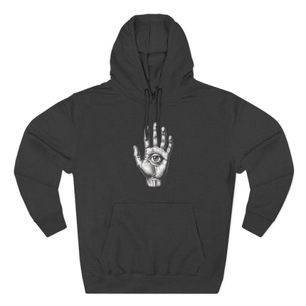 Mystic all-seeing eye palm graphic on a black pullover hoodie.