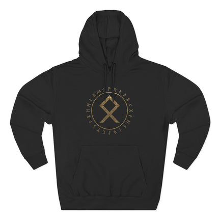 Black hoodie featuring the Othala rune and Futhark rune circle graphic in gold Norse style.
