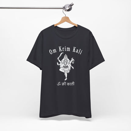 Goddess Kali graphic t-shirt with Om Krim Kali mantra for Hindu spiritual apparel.
