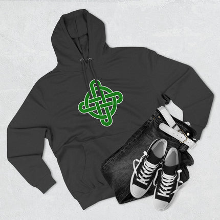 Black hoodie featuring a green Celtic knot design. Symbolic Irish knotwork graphic.