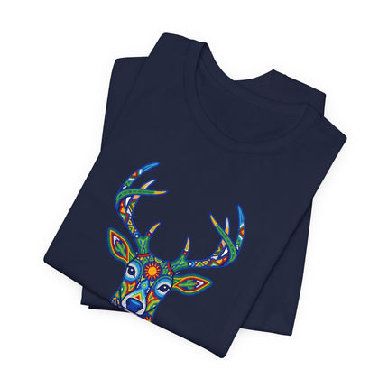 Vibrant Huichol deer graphic tee featuring Mexican indigenous folk art style.