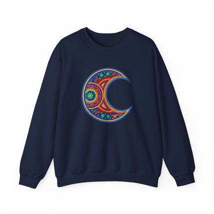 Vibrant Huichol art sweatshirt featuring a colorful moon crescent indigenous pattern pullover.