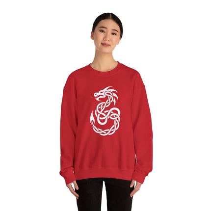 Celtic dragon knotwork graphic on a red unisex sweatshirt.