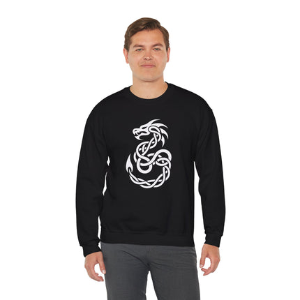 White Celtic dragon knotwork graphic on a black sweatshirt.