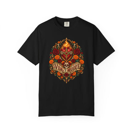 Vida y Muerte T-Shirt | Flaming Heart, Skull and Floral Artwork