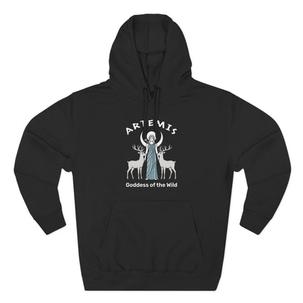 Artemis Goddess of the Wild design on a black hoodie, featuring moon and deer mythology art.
