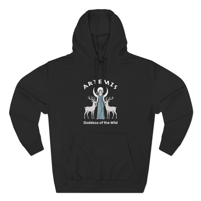 Artemis Goddess of the Wild design on a black hoodie, featuring moon and deer mythology art.