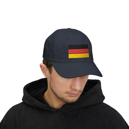 German flag baseball cap with embroidered black, red, and yellow stripes.