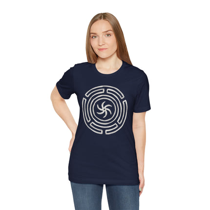 Hekate Strophalos Wheel symbol on a dark t-shirt. Perfect for witchcraft or pagan apparel.