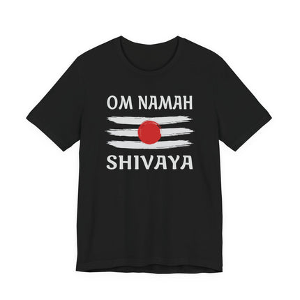 Black unisex tee with Om Namah Shivaya mantra and Hindu Tripundra graphic.