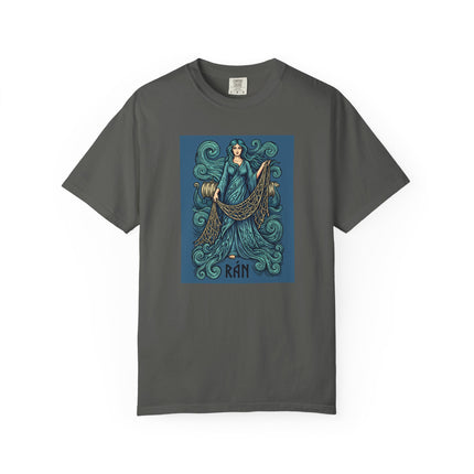 Rán, Norse Sea Goddess graphic tee, depicted in waves with a mythological fishing net.