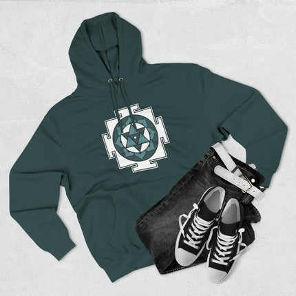 Shiva Yantra sacred geometry print on a dark hoodie. Spiritual Hindu symbol design.