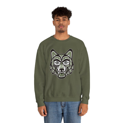 Indigenous formline wolf art graphic on a Pacific Northwest style sweatshirt.