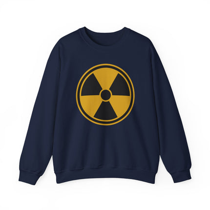 Radiation hazard symbol graphic on a navy blue sweatshirt.