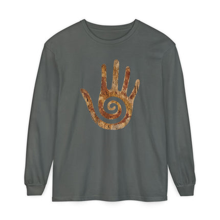 Spiral Healing Hand Long Sleeve T-Shirt | Textured Earth-Tone Motif Tee