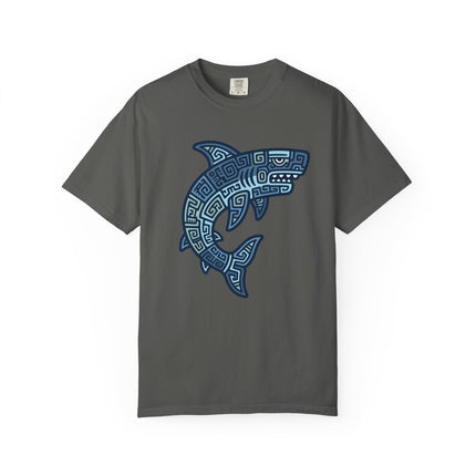 Mayan Tribal Shark T-Shirt | Blue Geometric Design Ocean Tee | Comfort Colors