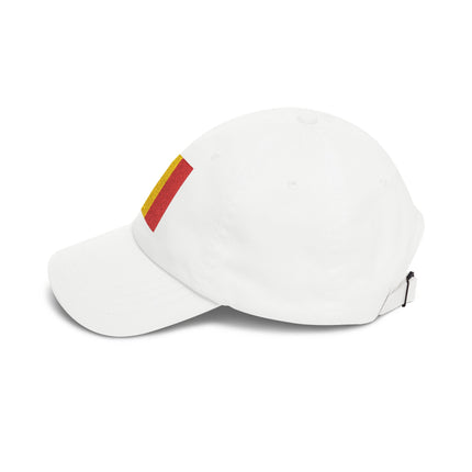 White baseball cap with embroidered Belgian flag stripes (black, yellow, red).