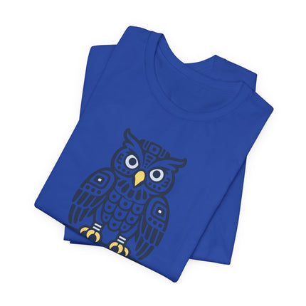 Mayan Owl T-Shirt | Rust Geometric Bird with Pale Circular Eyes Tee