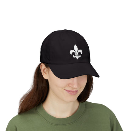 Black dad cap with white embroidered Fleur de Lis symbol.