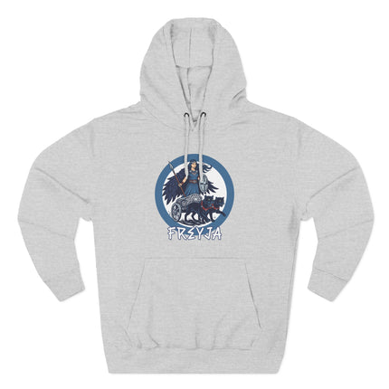 Freyja Norse Goddess graphic hoodie featuring a chariot and feline companions.