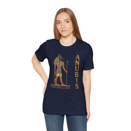 Dark t-shirt with Anubis, the jackal god of ancient Egypt, graphic print.