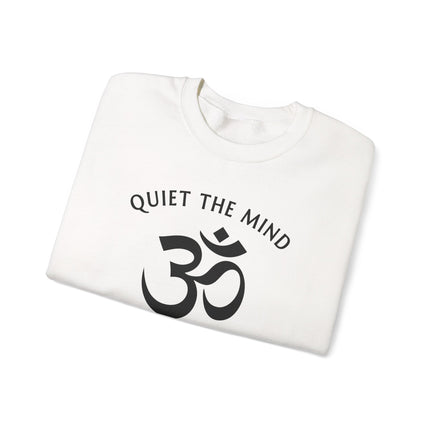 Om symbol and "Quiet The Mind, Soul Will Speak" quote printed on a spiritual mindfulness sweatshirt.