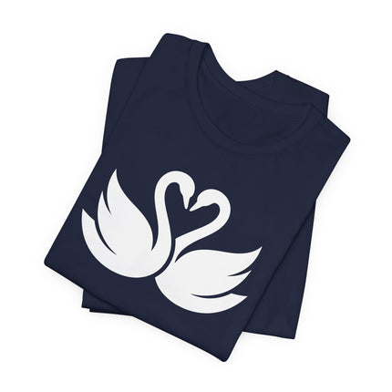 Swans forming a heart graphic design on a navy blue t-shirt.