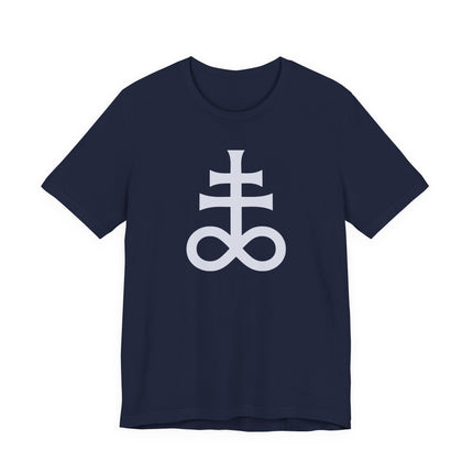 Occult Leviathan Cross and infinity symbol graphic tee on navy shirt.
