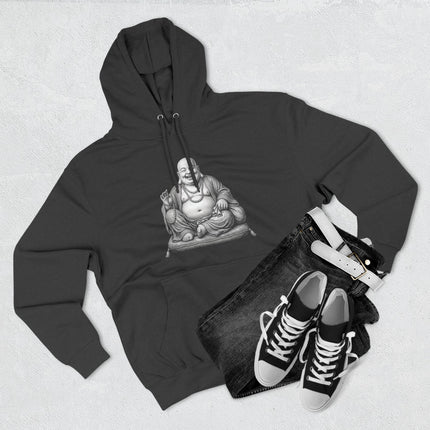Zen Laughing Buddha drawing on a black unisex pullover hoodie, symbolizing good luck and positive energy.