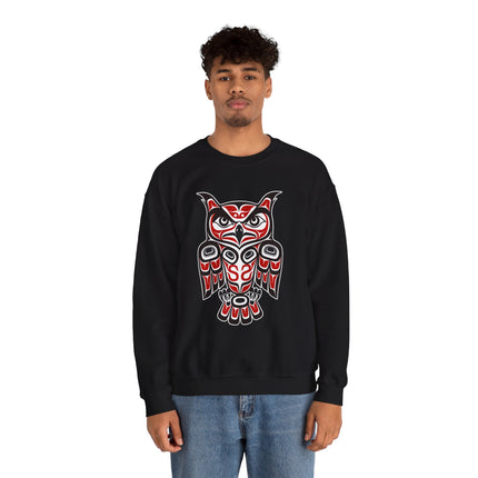 Black sweatshirt featuring red and black Pacific Northwest owl formline art graphic.