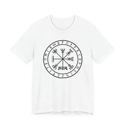 Vegvisir Viking compass graphic tee featuring Norse runes and directional symbols.