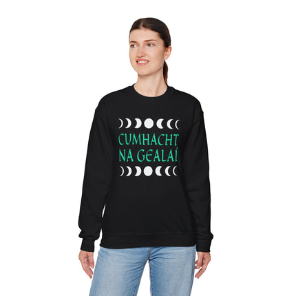 Irish Cumhacht Na Gealaí moon phase graphic sweatshirt.