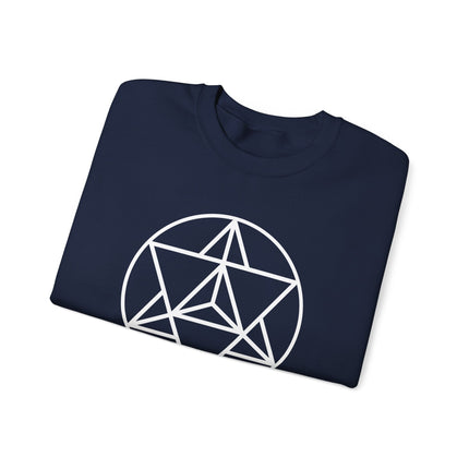 Minimalist sacred geometry Merkaba symbol on a dark blue unisex sweatshirt.